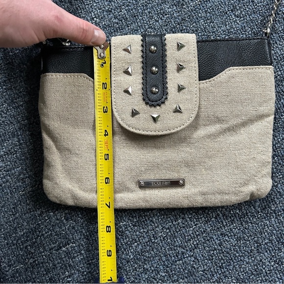 Nine West Black Beige Tweed Faux Leather Strap Crossbody Handbag - Picture 12 of 14